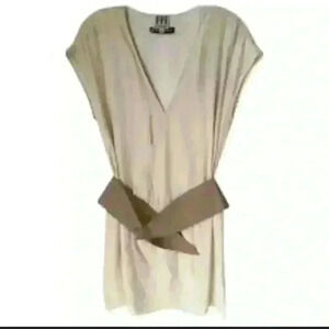 Haute Hippie Silk Cream cap sleeve dress with faux leather red belt size M